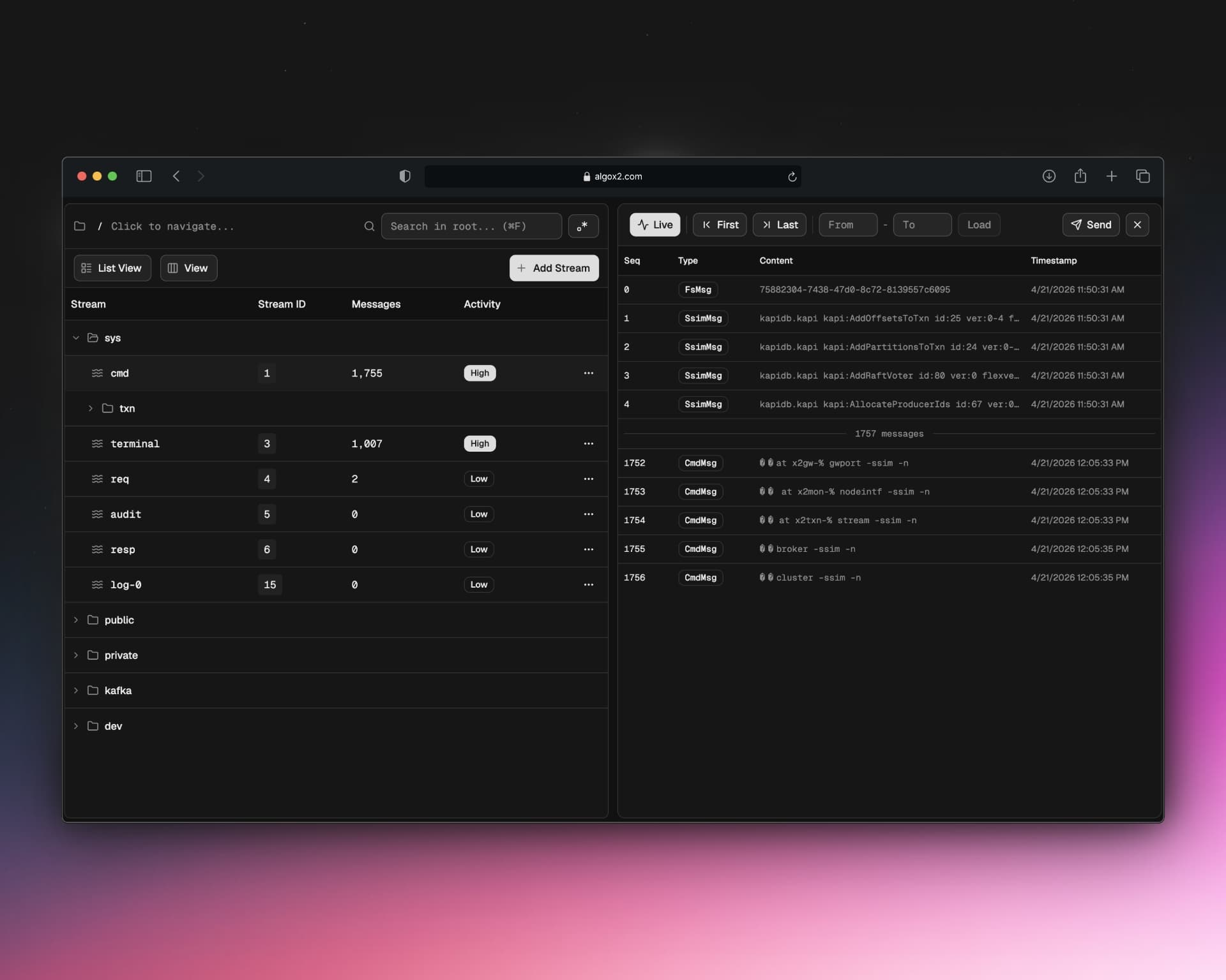 AlgoX2 streams view